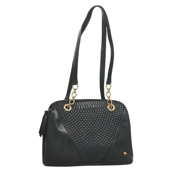 BALLY Quilted Chain Shoulder Bag Leather Navy Gold Auth...